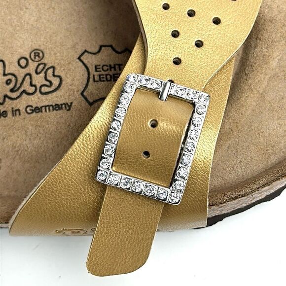 NWB Birkenstock Birkis Sandals Mallorca Gold Slides Rhinestone Buckle EUR 38 US7 - Picture 8 of 13